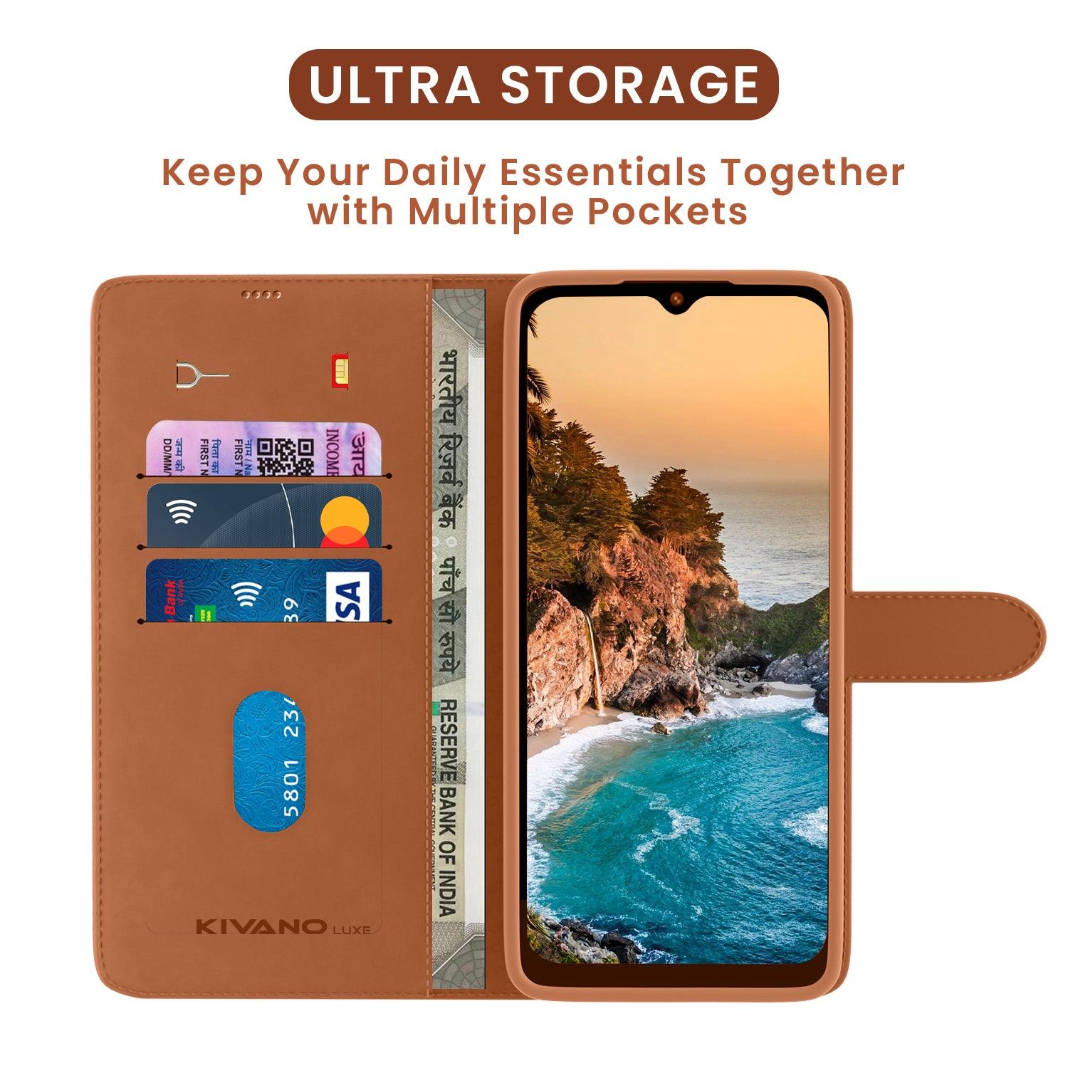 Leather Wallet Case for Vivo Y18 4G Stylish Flip Cover with Card Holder, Stand -KIVANO LUXE - Aibex