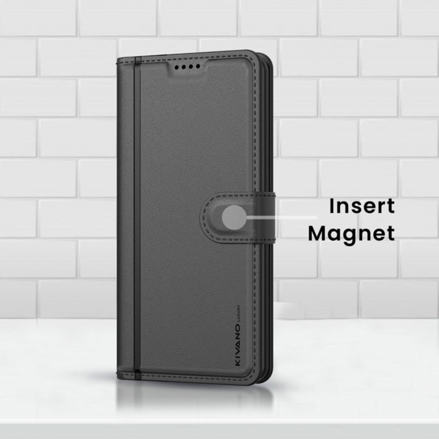 Leather Wallet Case for Xiaomi Redmi Note 11T 5G / Poco M4 Pro 5G – Stylish Flip Folio Cover with Card Holder, Stand,-KIVANO LUXE Black right