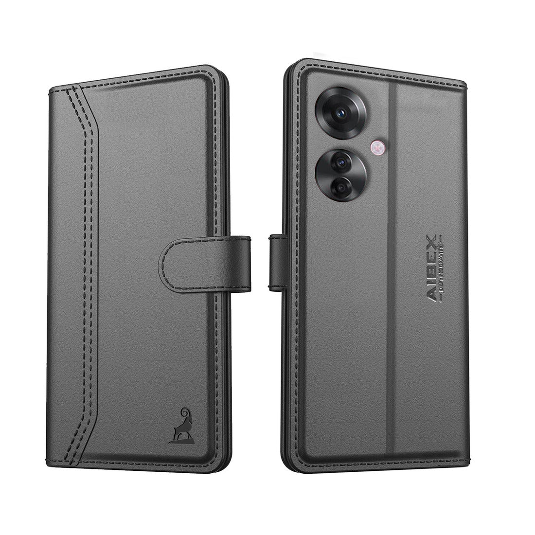 Oppo F25 Pro 5G Aibex PU Leather Flip Cover Foldable Stand & Pocket Magnetic Closure Black back view